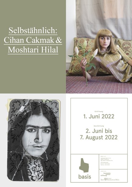 exhibition poster, white writing on green ground with the exhitibion titel and dates; photographie of woman lying on a carpet with a flower; black and white photographie of a woman with pencil drawings