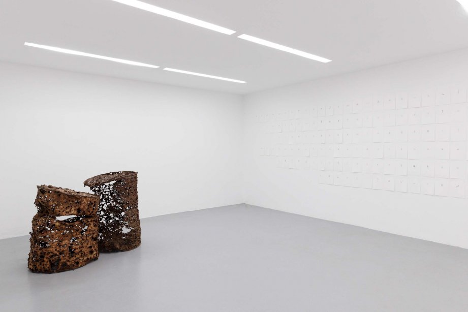 Ella Littwitz, If everything that exists has a place, place too will have a place (left) and Uproot (right), 2020 and 2014, , installation view basis e.V., 2023, Courtesy private collection and Courtesy the artist and Harlan Levey Projects, Brussels, photo: Bernd Euring