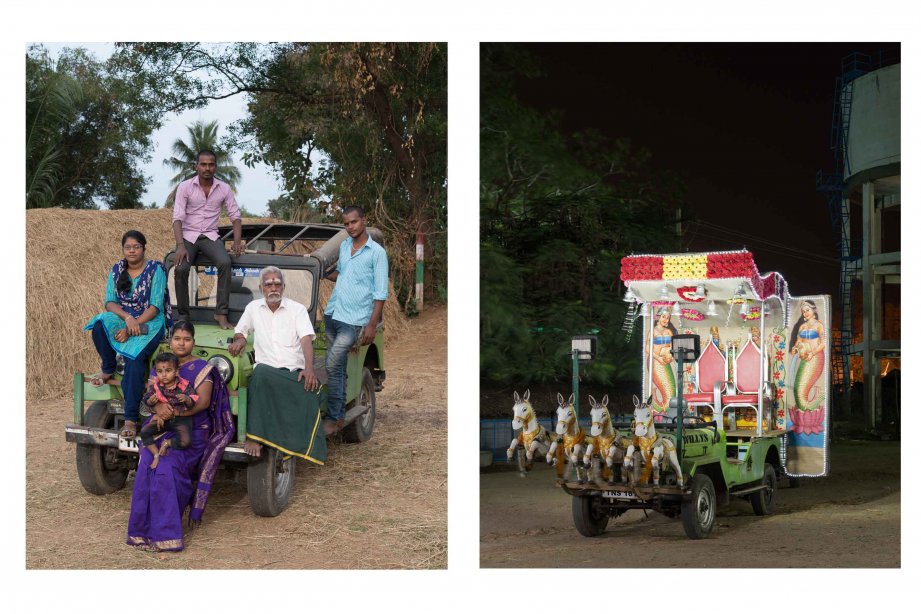 two fotos next to each other, left: group of people on chariot, rigth: chariot