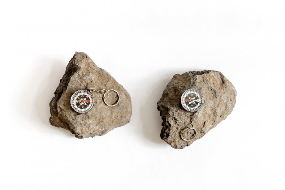 Ella Littwitz, All at Sea, 2021, Two basalt stones from the Golan Heights and two compasses, variable dimensions, Courtesy the artist, Copperfield, London and Davídsdóttir collection, photo: Eyal Tagar/CCA