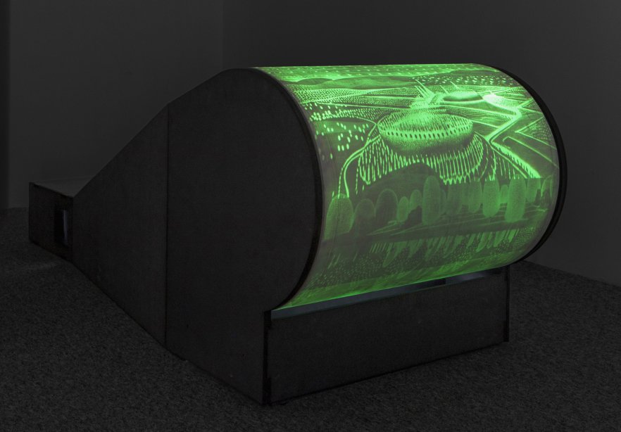 Hillel Roman, From a distance at night, 2024, phosphorescent paint, AI generated images, electric motors, various materials, Artport gallery