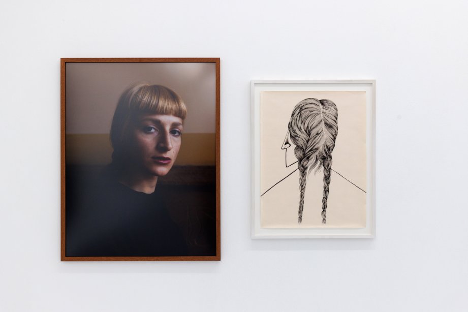 two framed images next to each other, left side frontal photo of a women with blond hair; right side drawing of a back head with braided hair 