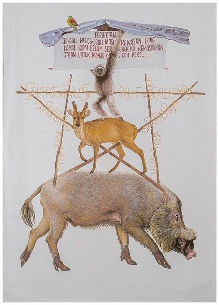 Shia Yih Yiing, Tree of Life, 2018, oil on canvas, 250 x 200 cm – Simple blockade and signate by first settled Penan